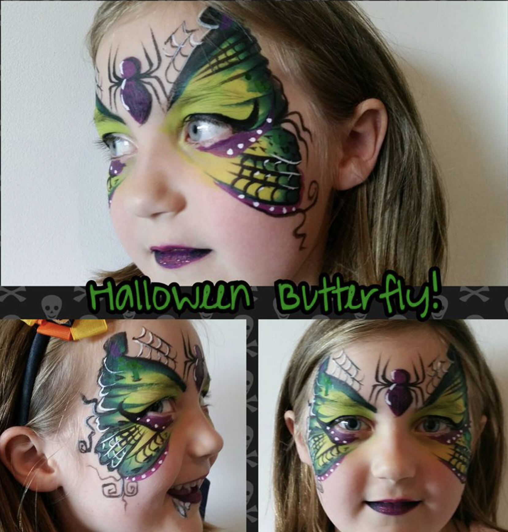 Girl with face painted with Halloween-themed green and purple butterfly